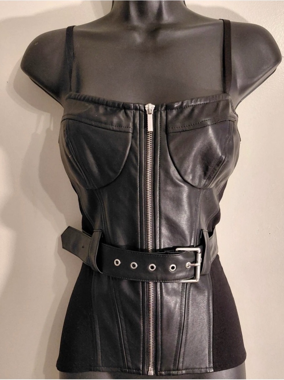 VENUS Black Faux Leather Zip Front Corset Crop Top with Belt